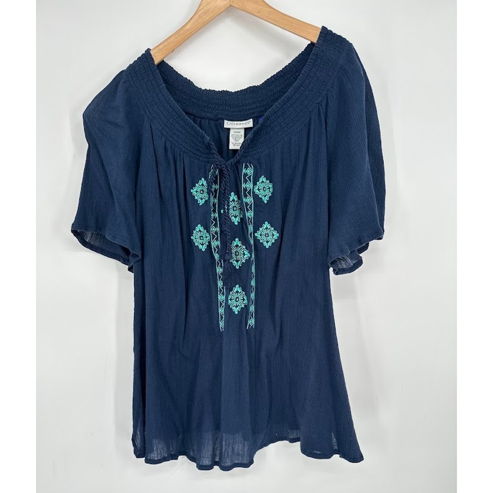 Catherines Tunic Top Womens 2X Petite Boho Tassel Embroidered Flowy Relaxed Blue